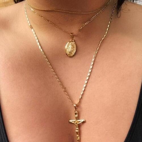 HebeDeer Cross Necklaces Jewelry Lovers Virgin Mary Girls Yellow Gold Color Trendy Stainless Steel Pendant Necklace Chain Women