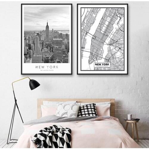 New York City Poster Vintage Map Canvas Print Wall Art Black And White Building Painting For Living Room Wall Picture Home Decor