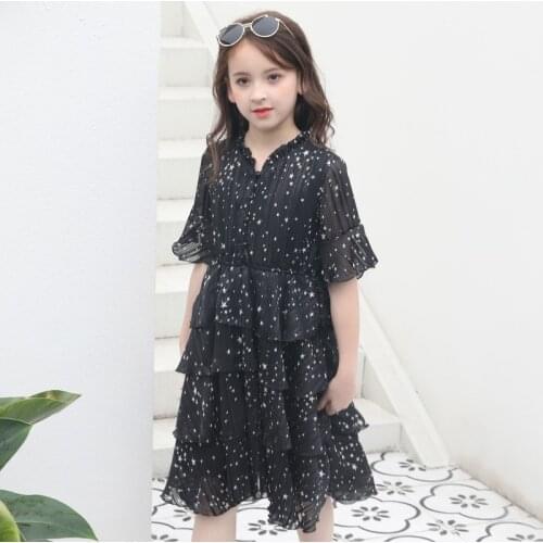Teenage girl dress elegant black chiffon long dress star print cake dress party formal dress 8 10 12 13 14 15 years