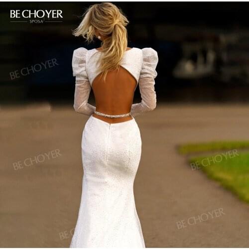 Wedding Dress Shiny Long Sleeve 2021 O-Neck Mermaid Count Train Bridal Gown Princess BECHOYER NR173 Plus Size Vestido De Noiva