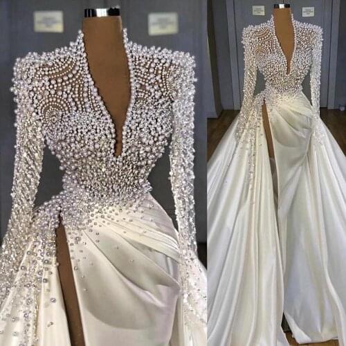 Luxury Pearls Wedding Dresses Long Sleeves Sation Bridal Ball Gown Wedding Gowns Floor Length Wedding Dress With Split V Neck