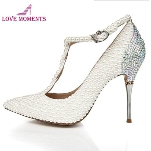 2018 T-strap Ivory Wedding Shoes with Rhinestone Pointed Toe Stiletto Heels Nightclub Club Shoes Wedding Party Prom Pumps