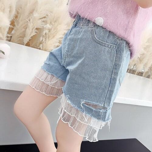 Chiffon Ruched Patchwork Girls Denim Shorts Clothes Kids Broken Hole Jean Short Pants Children Trousers Girl Bottoms 4-16 Years