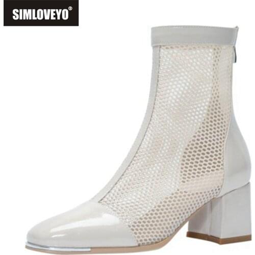 SIMLOVEYO 2021 New Designer Brand Net Mesh Summer Autumn Ankle Boots Lady Pointed Toe Patchwork Square Heel Black White S2425