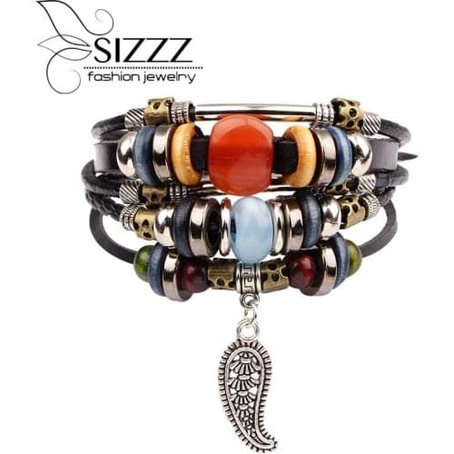 SIZZZ 17cm Long Adjustable 2017 New Woven Leather Bracelet Alloy Beads Jewelry For Women And Men