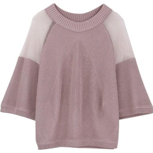 Women Summer Sweet Tulle Patchwork Knitted Blouse Off the Shoulder Shirt Elegant Round Collar Short Pullover Top 2020