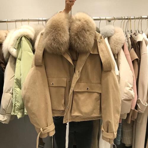 2020 New Winter Women Vintage White Duck Down Jacket Fox Fur Collar Warm Coat Ladies Chic Thick Loose Down Parkas Outerwear