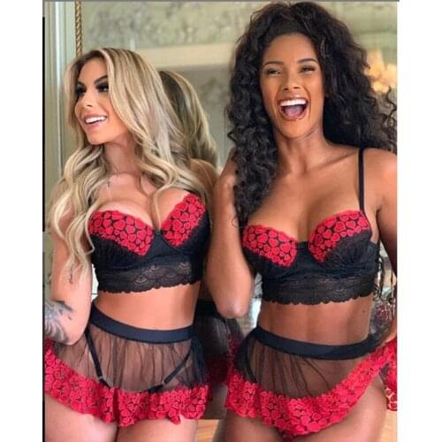 Women Sleeveless Lace Mesh Peach Heart Print Crop Top Erotic Mini Skirt Suits Sex Costume Sets Sexy Lingerie