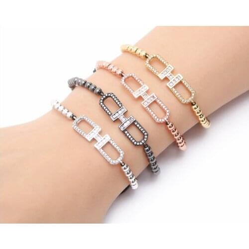 Gold silver micro pave cz Cubic Zirconia rope adjusted Copper Beads Bracelet fsg44 Letters H Charm Braided Bangles Women