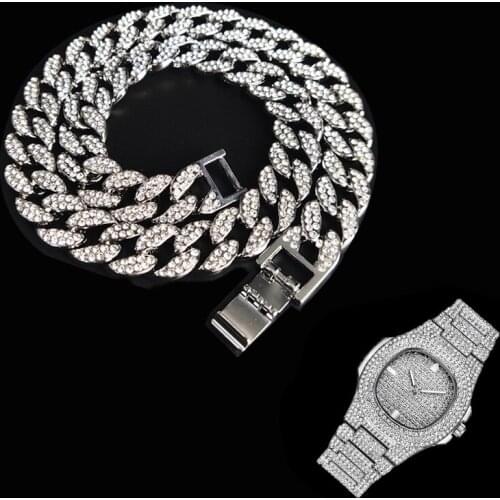 2pcs Kit Hip Hop15MM Iced Out Paved Rhinestones Miami CZ Cuban Necklace+Watch Bracelet Bling Rapper Necklaces For Man Jewelry