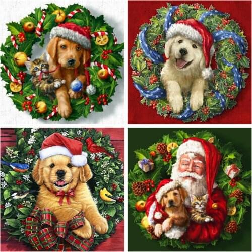 Huacan Diy Diamond Painting Christmas Dog Diamond Art Embroidery Mosaic Christmas Wreath Santa Claus Animal Crystal Gift