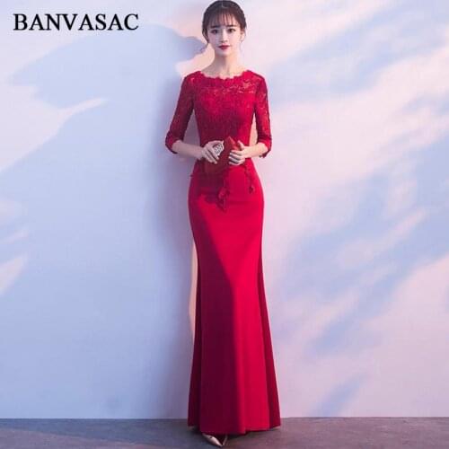 BANVASAC Lace Appliques O Neck Mermaid Long Evening Dresses Party Three Quarter Sleeve Hollow Out Backless Prom Gowns