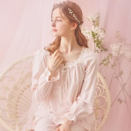 Free Shipping 2016 New Autumn Princess Womens Pajamas Long Pants Set Lace Pink and Purple Sleepwear 100% Cotton Nightshirt