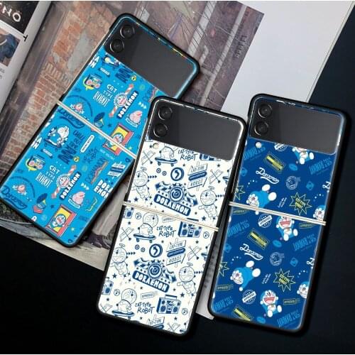Case For Samsung Galaxy Z Flip 3 5G Funda ZFlip3 Luxury Black PC Hard Shockproof Back Phone Coque Shell Cartoon I'm Doraemon