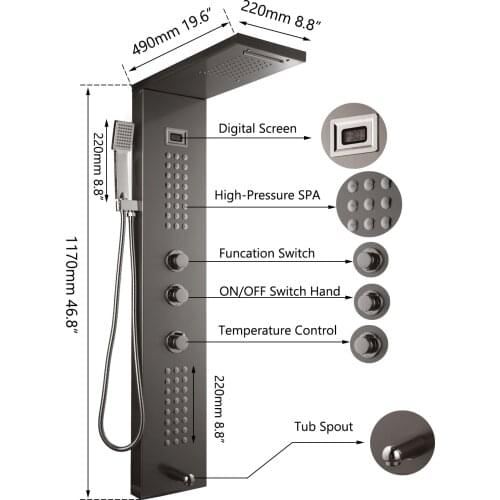 Bathroom Black Wall Mount Rain Shower Panel Column Massage Jets Sprayer Taps