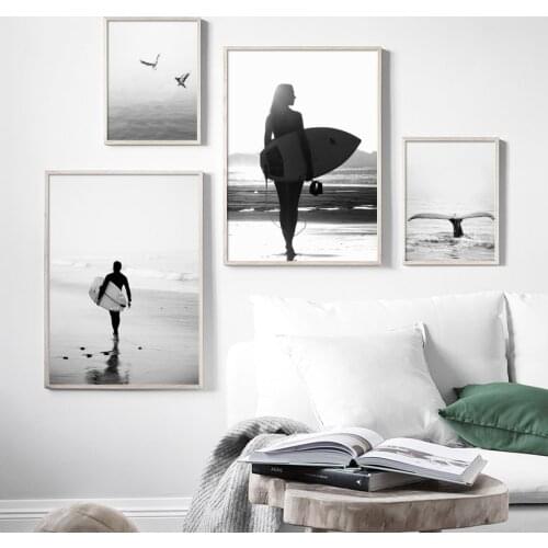Black White Girl Surfboard Beach Seagull Wall Art Print Canvas Painting Nordic Posters And Prints Wall Pictures For Living Room