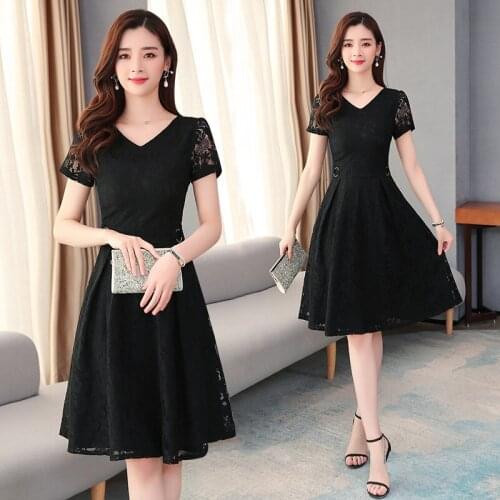 Black Midi Dress For Women M-4XL Summer Plus Size Temperament Fashion Show Slim Lace Mesh Short Sleeve Party Dresses Vestidos