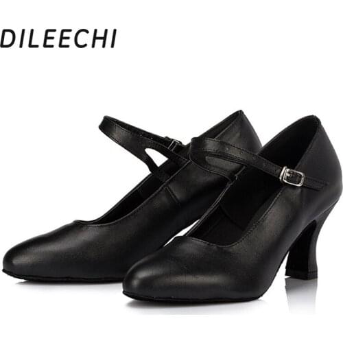 DILEECHI black genuine leather Modern dance shoes Womens Ballroom dancing shoes Party Square dance shoes soft outsole