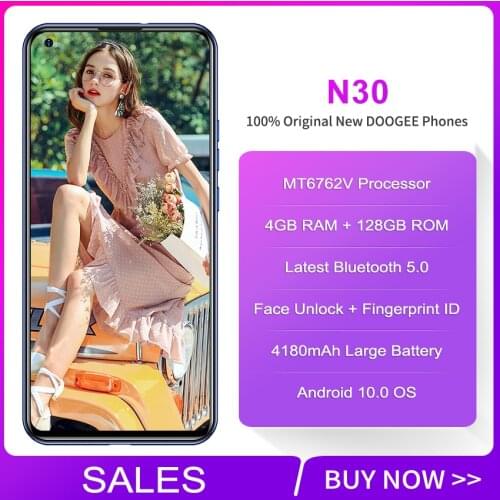 DOOGEE N30 Global Version Smartphone 4GB 128GB 16MP Quad Rear Cameras 4180mAh Android 10 6.5"HD+ Perforated Screen Mobile Phone