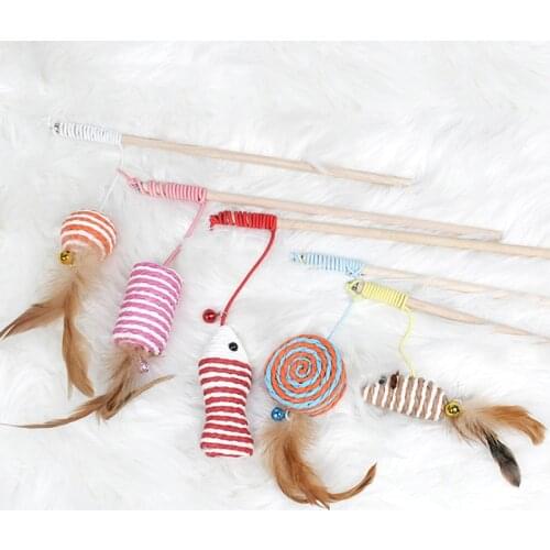 30cm Pet Cat Teaser Toys Feather Linen Wand Cat Catcher Teaser Stick Cat Interactive Toys Wood Rod Mouse Toy With Mini Bell