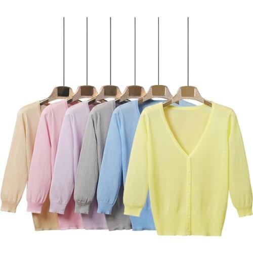 Queechalle 20 Colors Thin Knitted Cardigans Womens Transparent V neck Cardigan Coat Female Solid Casual Tops Ice Silk Outerwear