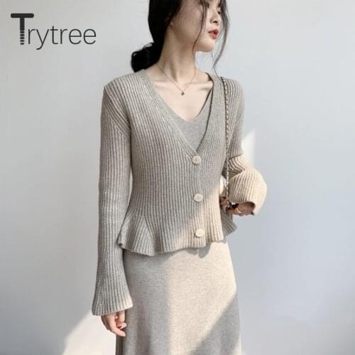 Trytree 2020 Autumn Woman Casual Sweater Solid V-neck Single Breasted Cardigan Flare Sleeve Ruffles Hem Sweater Knitted Coat