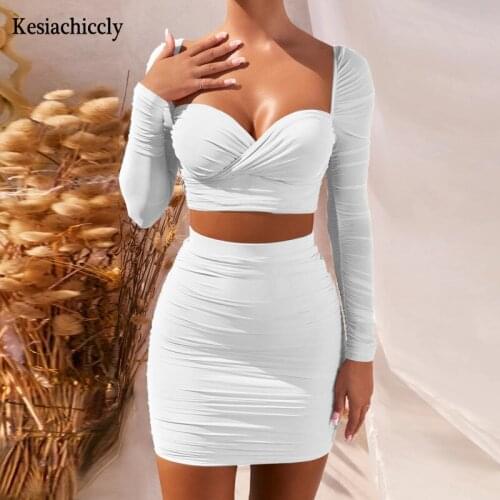 Kesiachiccly Pleated Sexy Bodycon Dress Long Sleeve Autumn Party Dress Women Backless Two Piece V Neck Beach Casual Women Dress