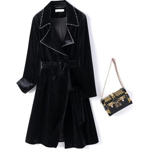 Fashion Beading Coat Women Long Plus Size Jacket 2021 Spring Gold Wire Velvet Double Breasted Windbreaker Slim Overcoat 4XLG823