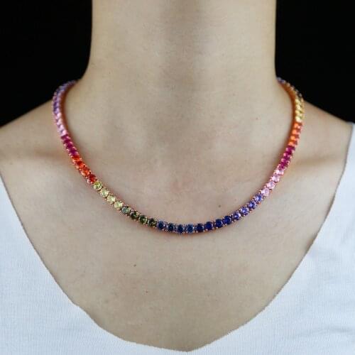 5mm rainbow cz tennis chain necklace layer women choker various colors colorful cz Gold color trendy necklace for women