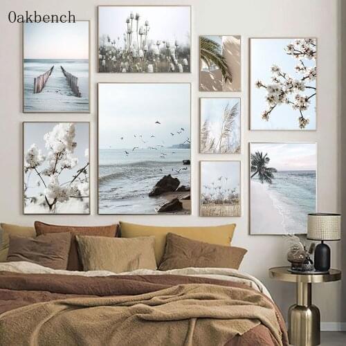 Sea Landscape Painting Flowers Reed Canvas Poster Beach Seagull Wall Print Bridge Posters Nordic Bedroom Decoration Paintings