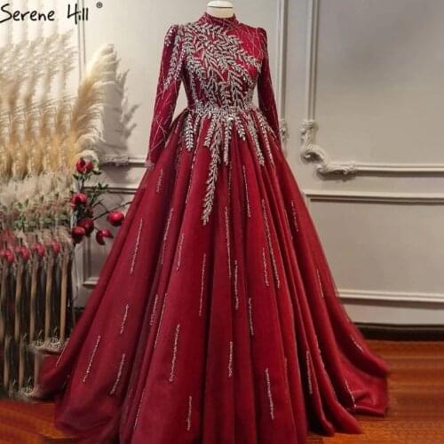 Serene Hill Burgundy Luxury Beaded A-Line Evening Gown 2021 Long Sleeves Modest For Muslim Women Formal Party Dress CLA71013B