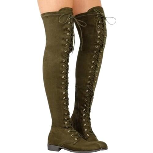 Sexy Lace Up Over Knee Boots Women Boots Flats Shoes Woman Square Heel Rubber Flock Boots Botas Winter Thigh High Boots 34-43