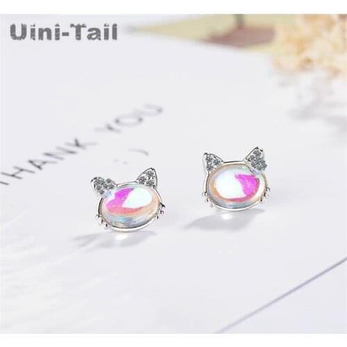 Uini-Tail hot new 925 sterling silver cute glass cat earrings temperament fashion tide flow hypoallergenic high quality jewelry