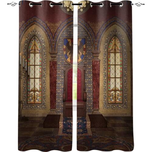 Ancient Castle Building Medieval Palace Window Curtains LivingRoom Kitchen Curtains Left and Right Biparting Open