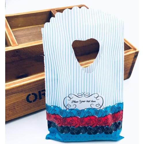 Black Red Rose Flower Fashion Shopping Bags With Heart Handle Blue Stripe Print 9x15cm Charm Boutique Gift Packaging Bag