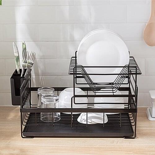 Dish Drying Rack with Drainboard Drainer Kitchen Light Duty Countertop Utensil Organizer Storage for Home Black White 2-Tier WF