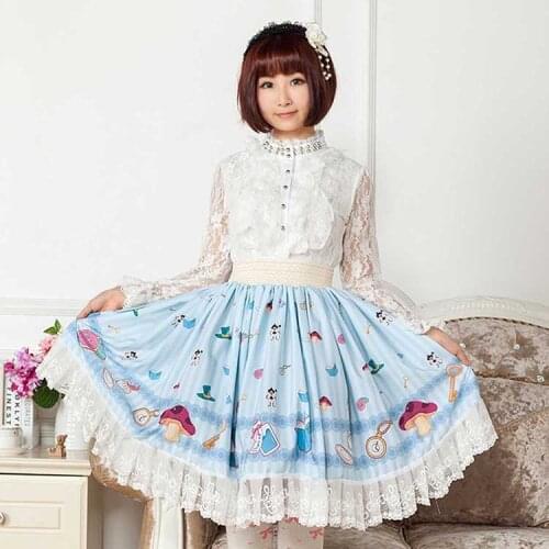 Harujuku Alice in worldland style Lolita Princess Lace Mid Skirt Lady Pleated Cartoon Music Note Lace Cotton High quality Skirt