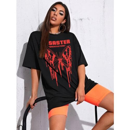 2021 Summer Gothic Aesthetics Loose Ladies T-shirt Red Butterfly Print Street Style Ladies Top T-shirt Harajuku Clothes Y2K