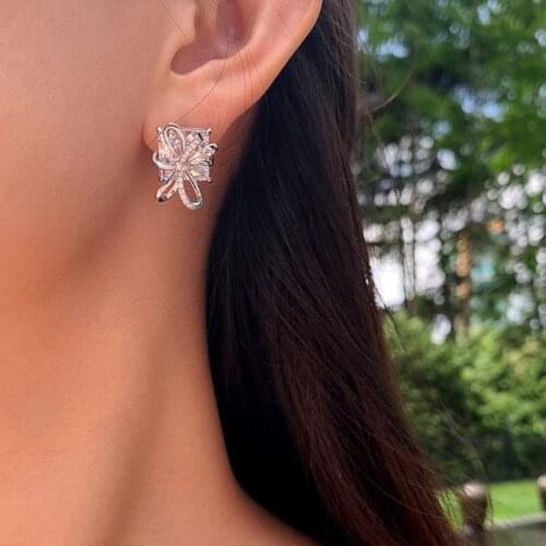 Fairy Design Shining girly heart Present Box CZ Earrings Bowknot Inlaid Big Gemstone Stud Earrings For Women Fine Jewelry Gift