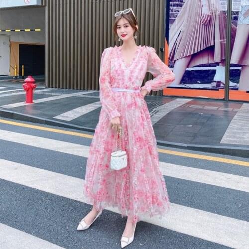 SPLENDID LADY Runway New WomenS V-Neck Sexy Long Sleeve Print Fashion Casual Elegant Chic Mesh Ball Gown Long Party Dress