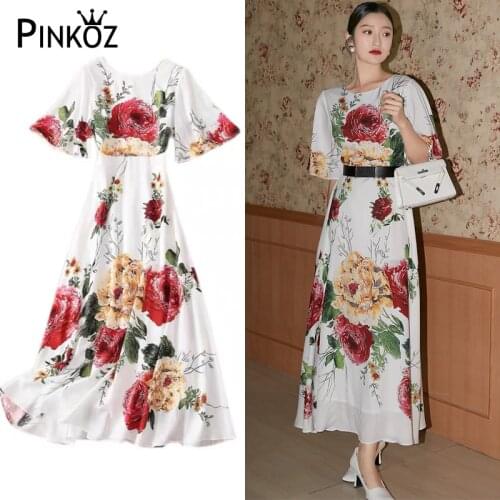 Pinkoz new fashion red flower printed O-neck flare short sleeve summer holiday maxi dress belt women casual party clothing chic