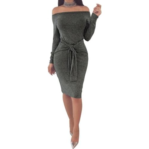 Best selling ladies dress sexy word collar belt Slim long sleeve soft skin-friendly high quality temperament dress sheath solid