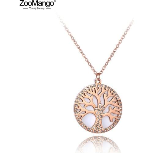 ZooMango Bohemia Stainless Steel Plant Tree Disc CZ Crystal & Shell Pendant Necklace For Women Fashion Sweater Chian 28" ZN19166