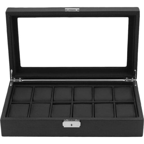 12 Grids Watch Box Black Carbon Fiber Outer PU Leather With Pillow Watch Case Storage Organizer Wristwatch Holder Diaplay