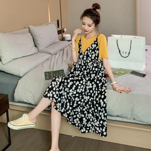 255# T shirt + Dress Maternity Clothes Easy Matching Short Sleeves Floral Dress for Pregnant Women Mom Dress