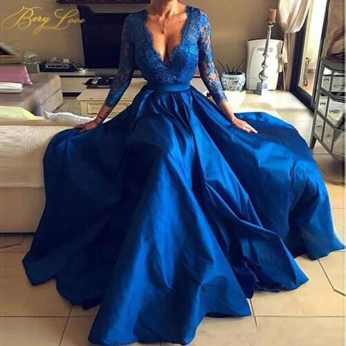 Berylove A line Blue Evening Dress Formal Gown Scalloped Neck Floral Printed Evening Dress Embroidery Flower Satin Prom Dress