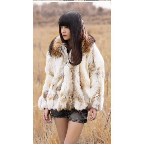 Free shipping Real genuine natural rabbit fur coat with raccoon fur collar womens fashion fur jacket outwear custom any size