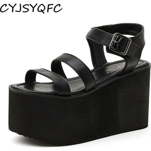 CYJSYQFC Punk Cool Street Solid Black Thick Heels Women Sandals Summer Open Toe Buckle Strap Extreme Platform Wedges Woman Shoes