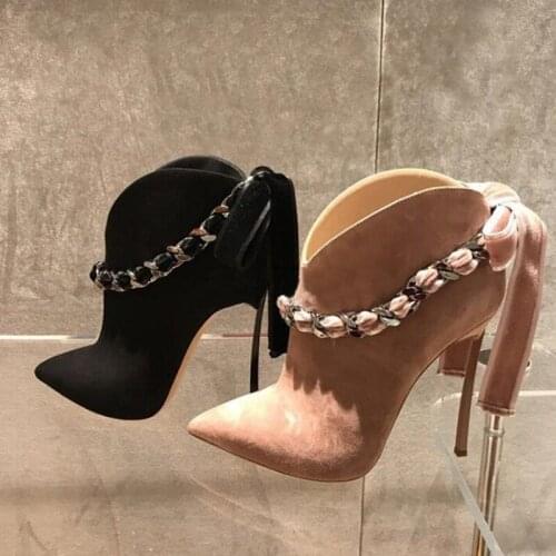 Chains Decor Thin High Heels Ankle Boots Winter Shoes Woman Heels Sexy Pointed Toe Back Butterfly Female Dress Shoes