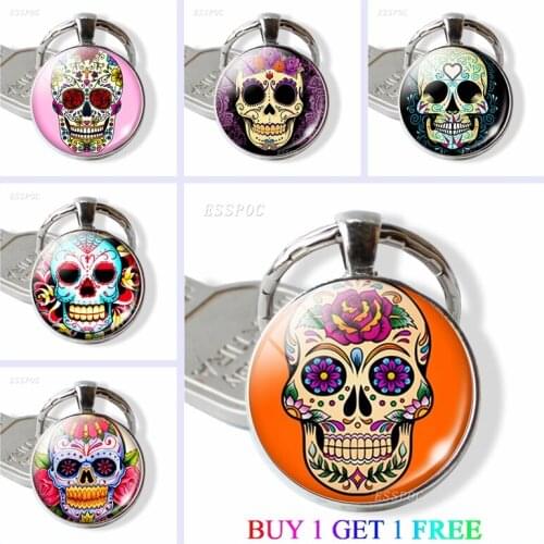 Buy 1 Get 1 Free Fashion Sugar Skull Keychain Car Key Chain Glass Dome Cabochon Pendant Skull Handmade Jewelry Accessories Gift